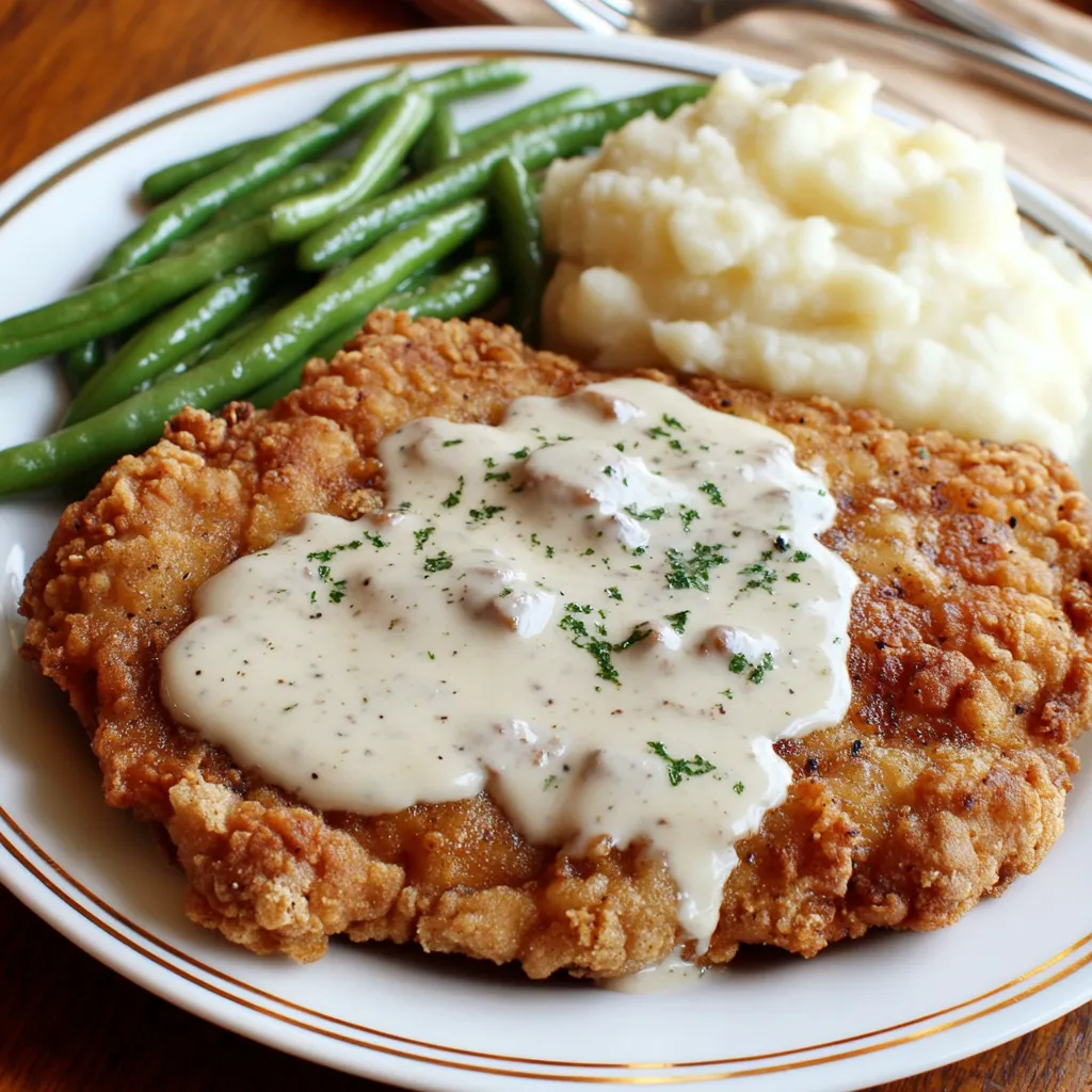 A plate of chicken fried steak with country gravy.
