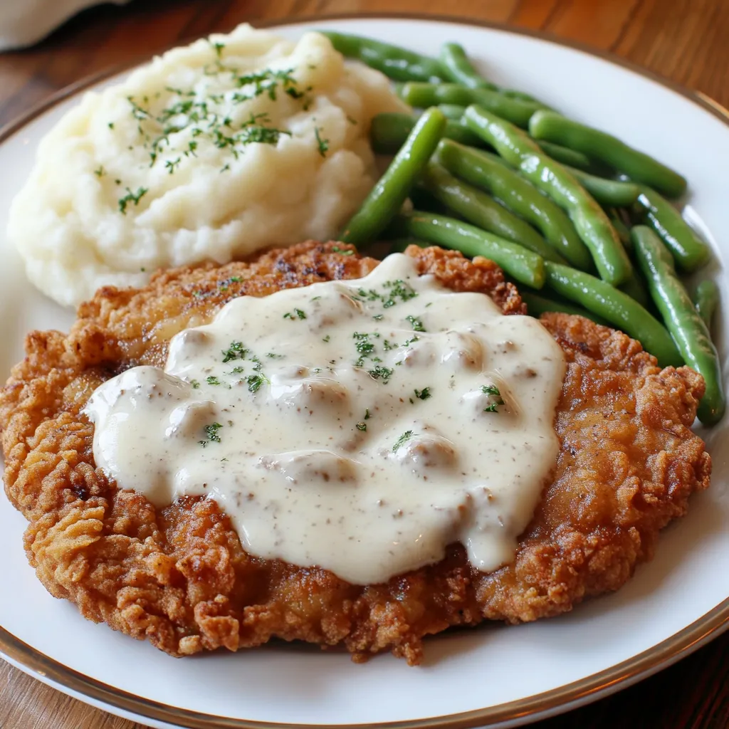 A plate of food with chicken fried steak and green beans.