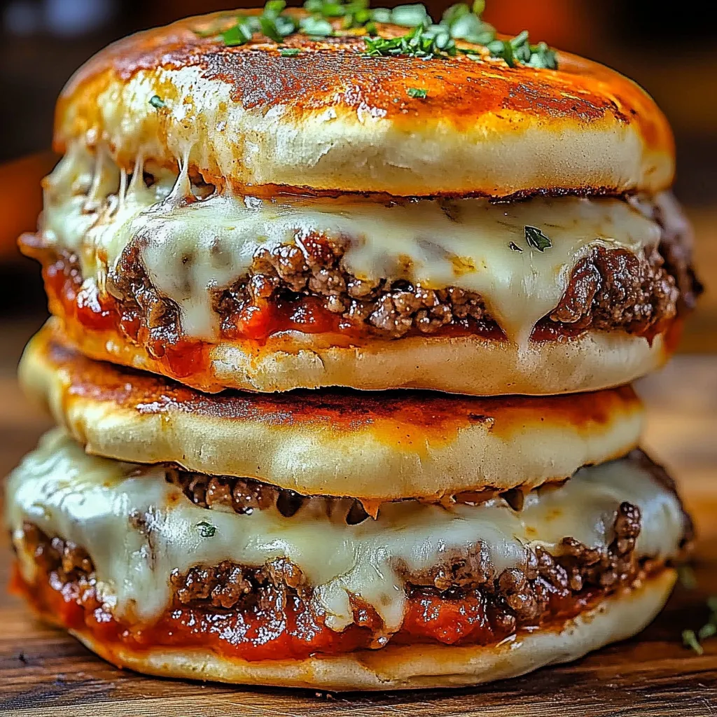 A stack of three pizza burgers.