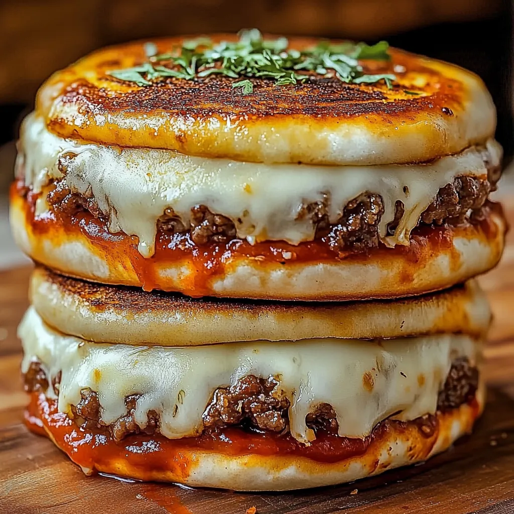 A stack of three pizza burgers.