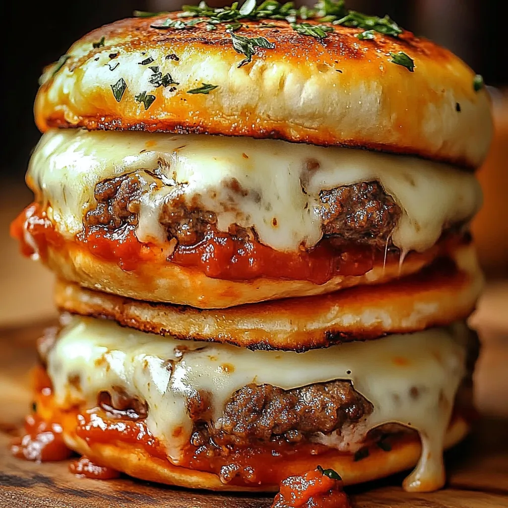 A stack of three cheese burgers with tomato sauce.