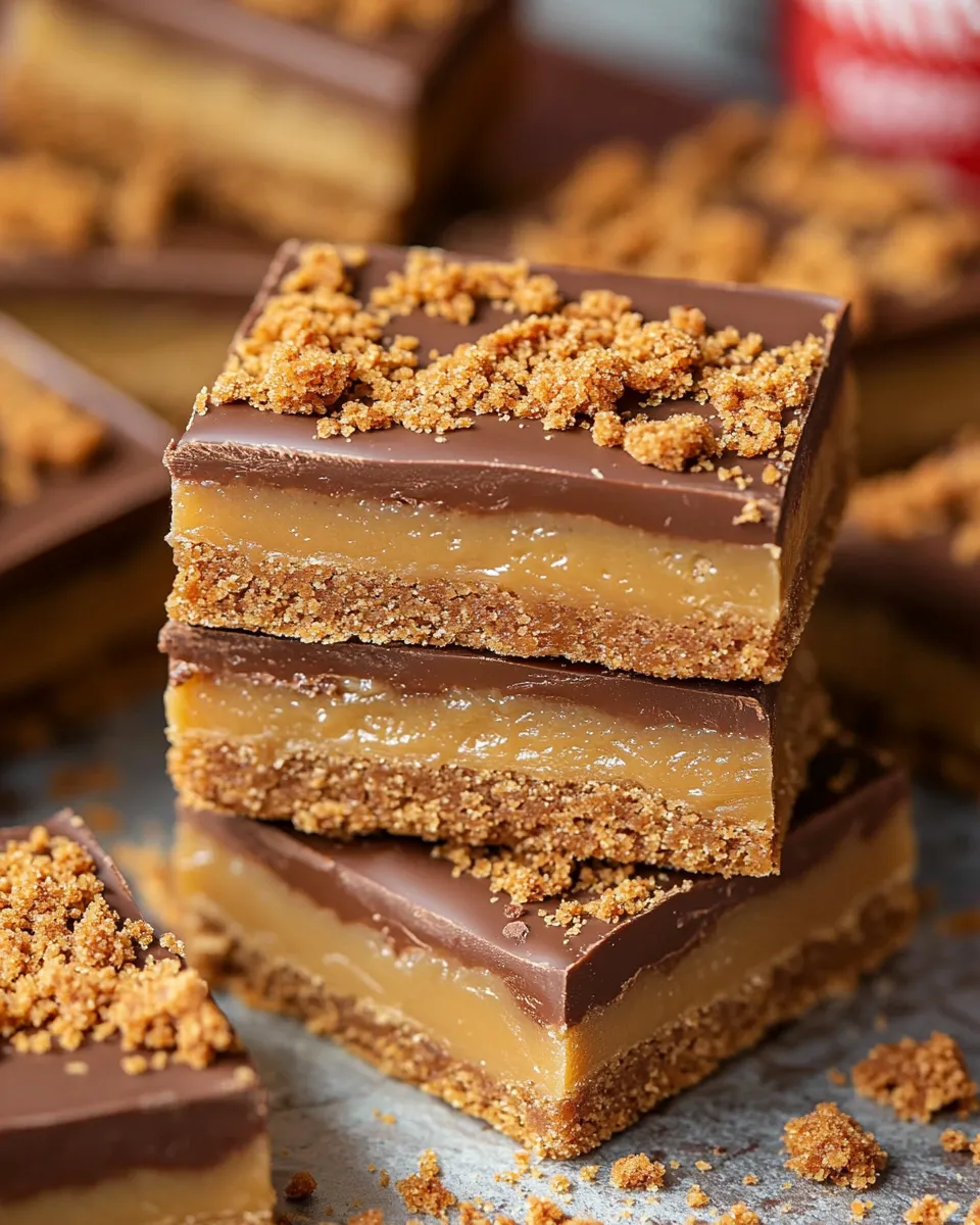 A stack of three Biscoff Millionaires Traybake bars.