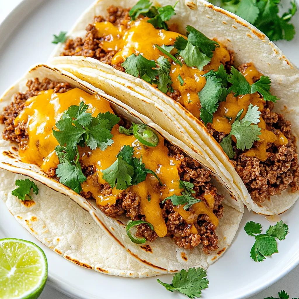 Two tacos with meat and cheese on top.