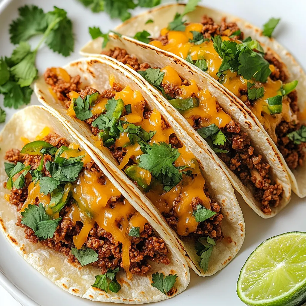 Two tacos with meat and cheese on a white plate.