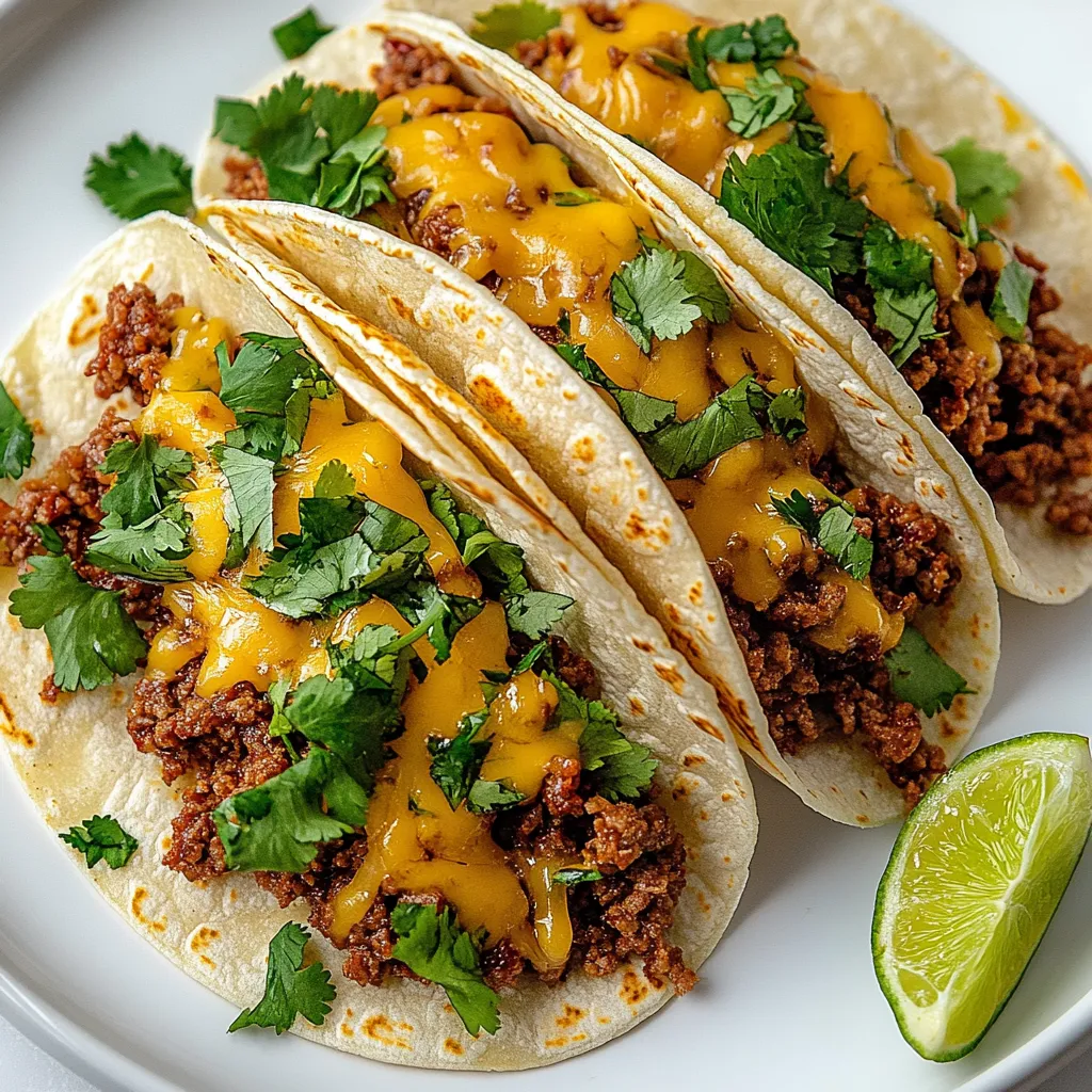 Two tacos with meat and cheese.