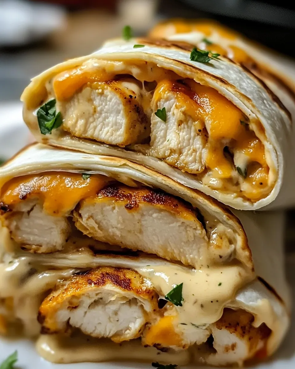 A cheesy garlic chicken wrap.