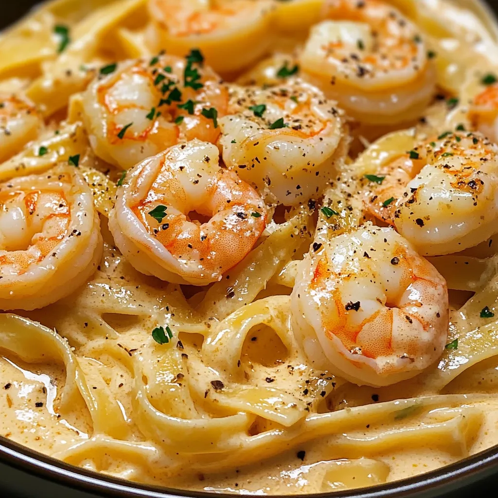 A bowl of creamy garlic shrimp pasta.