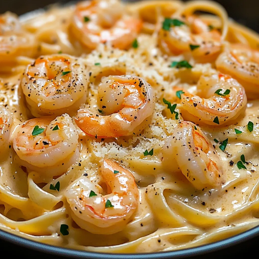 A bowl of creamy garlic shrimp pasta.