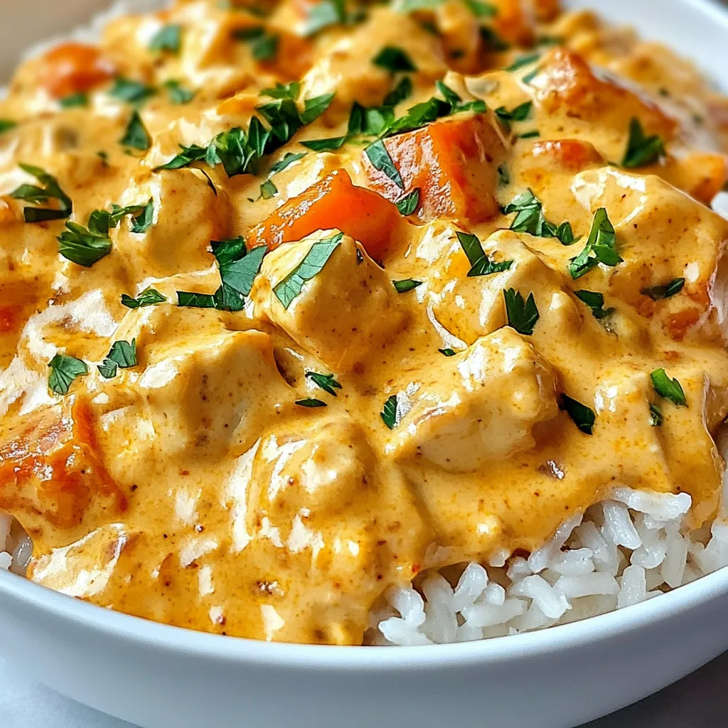 A bowl of creamy smothered chicken and rice.