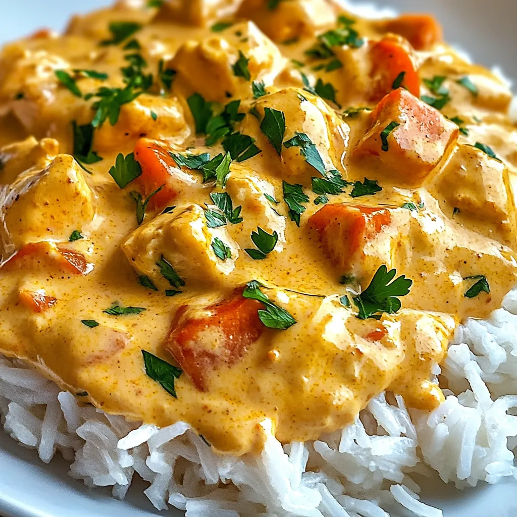 A plate of creamy smothered chicken and rice.