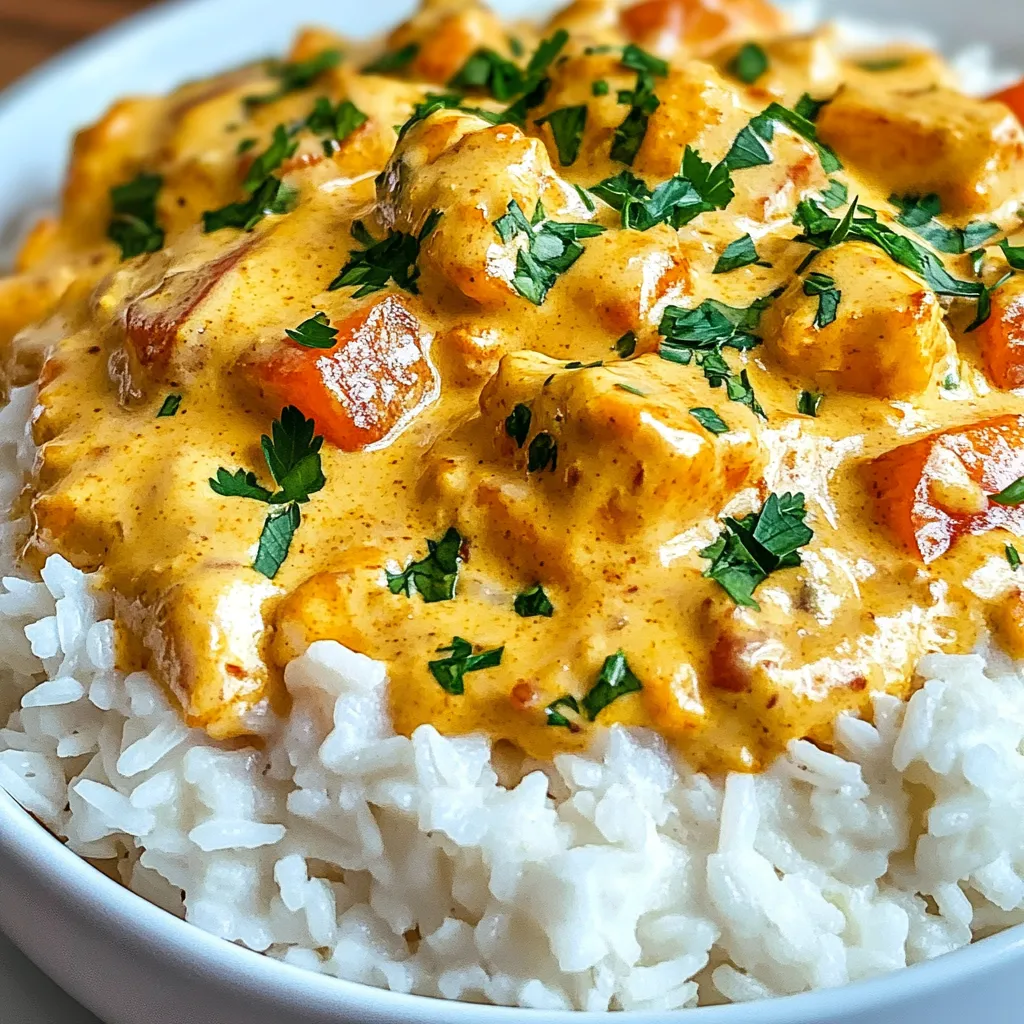 A bowl of rice and chicken with a creamy sauce.