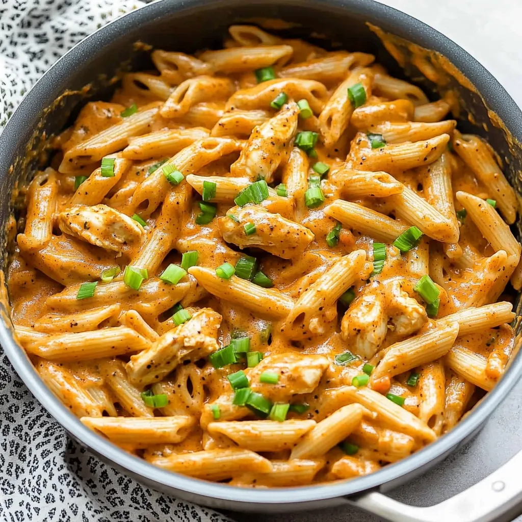 A bowl of pasta with chicken and cream sauce.