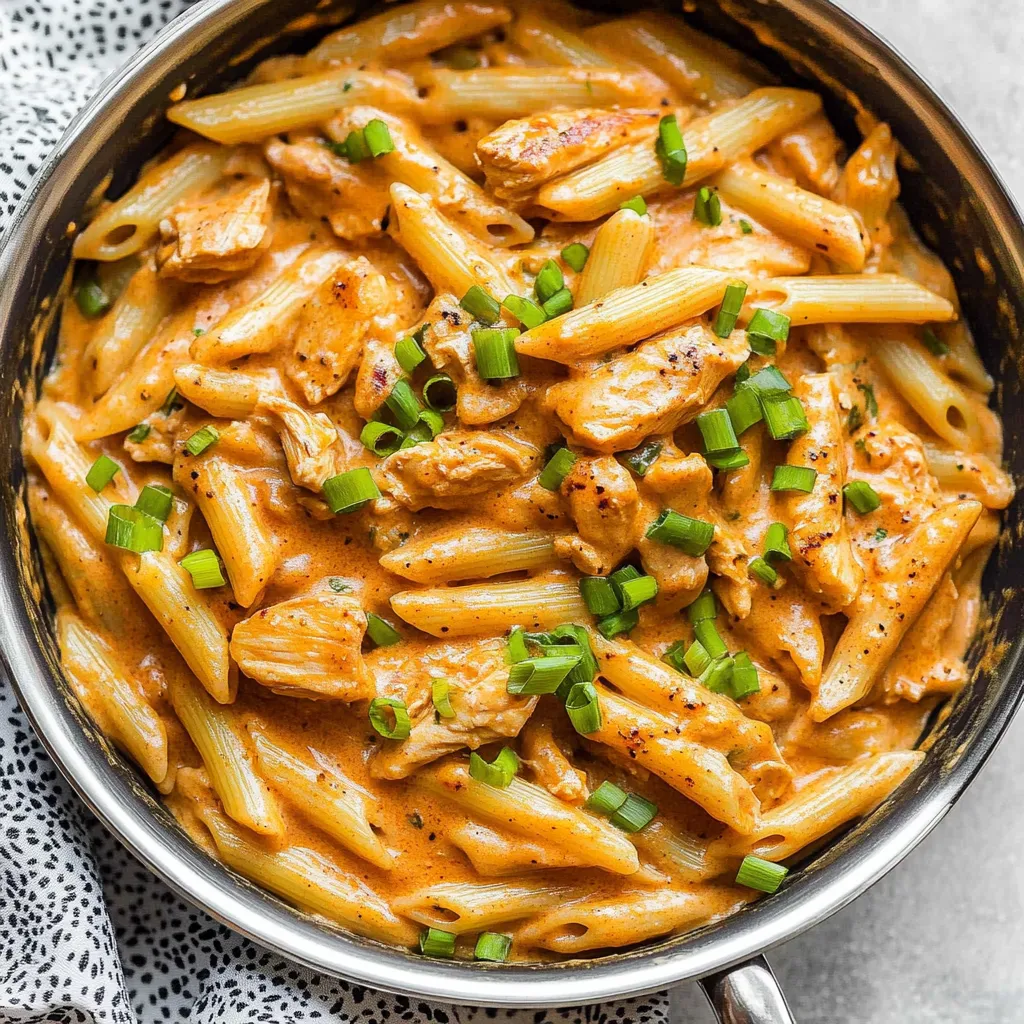 A bowl of pasta with chicken and cream sauce.