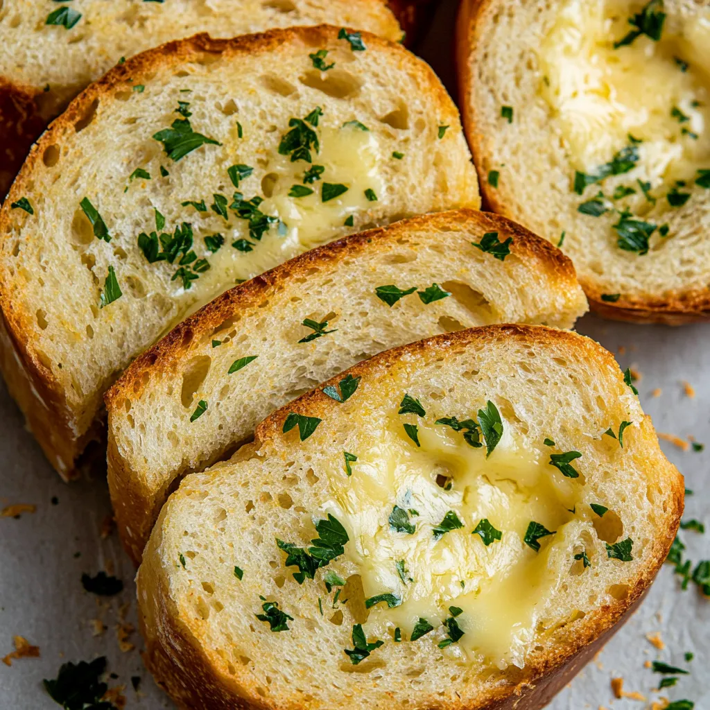A close up of a garlic bread with cheese and herbs.