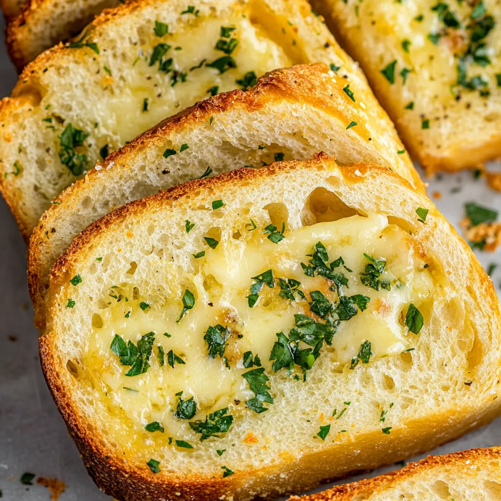 A slice of garlic bread with cheese and herbs.