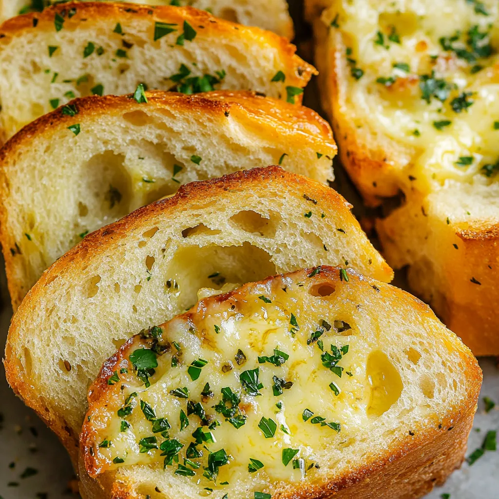 A close up of a garlic bread with cheese and herbs.
