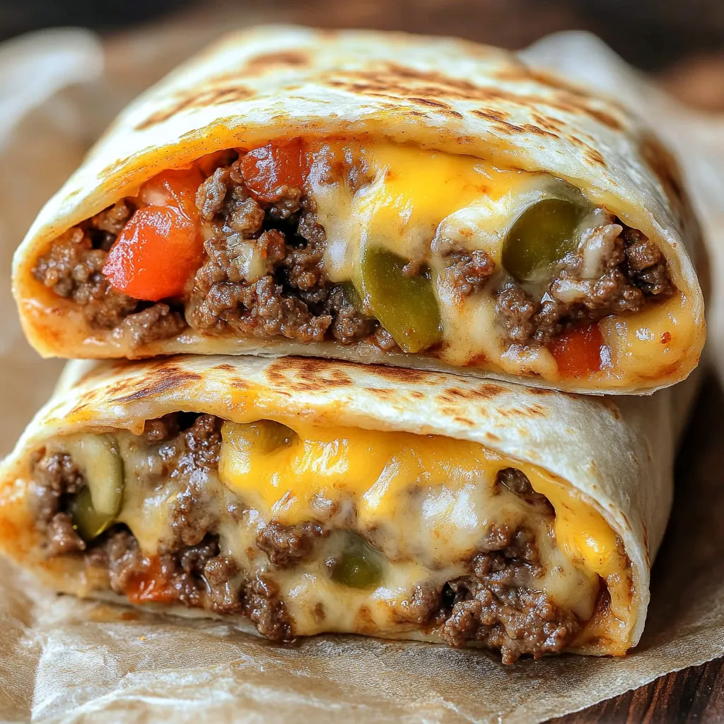 Two cheeseburger wraps with meat and vegetables.