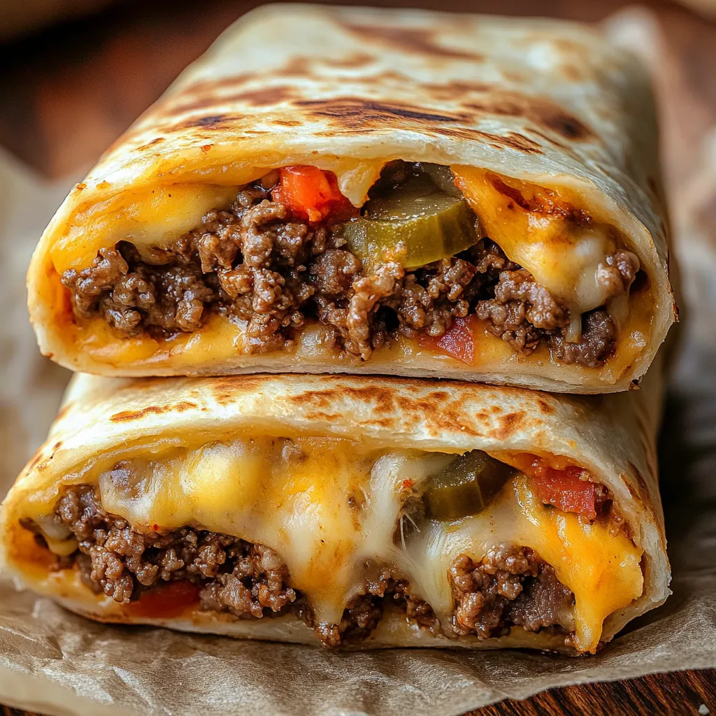 Two cheeseburger wraps with peppers and cheese.