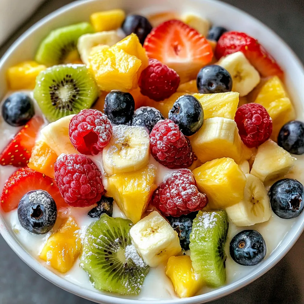 A bowl of fruit salad with vanilla pudding.