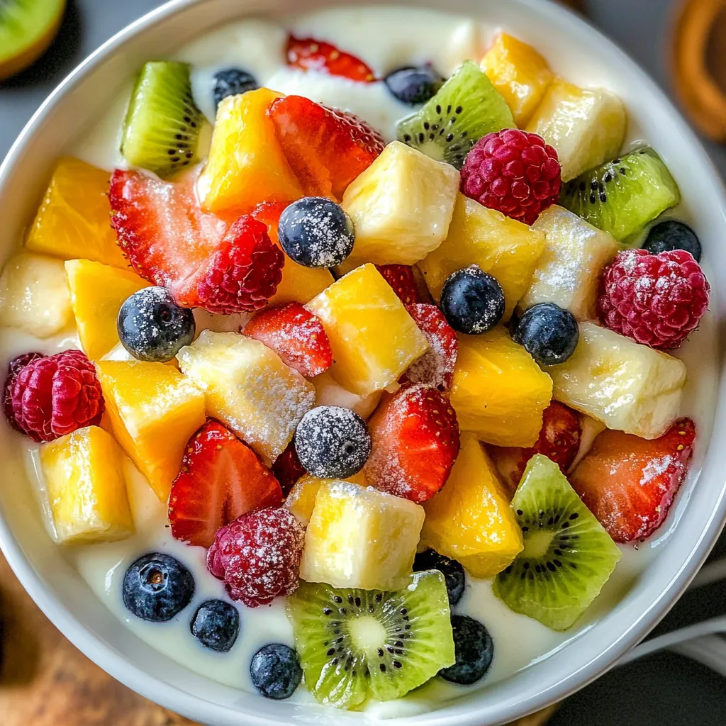 A bowl of fruit salad with vanilla pudding.