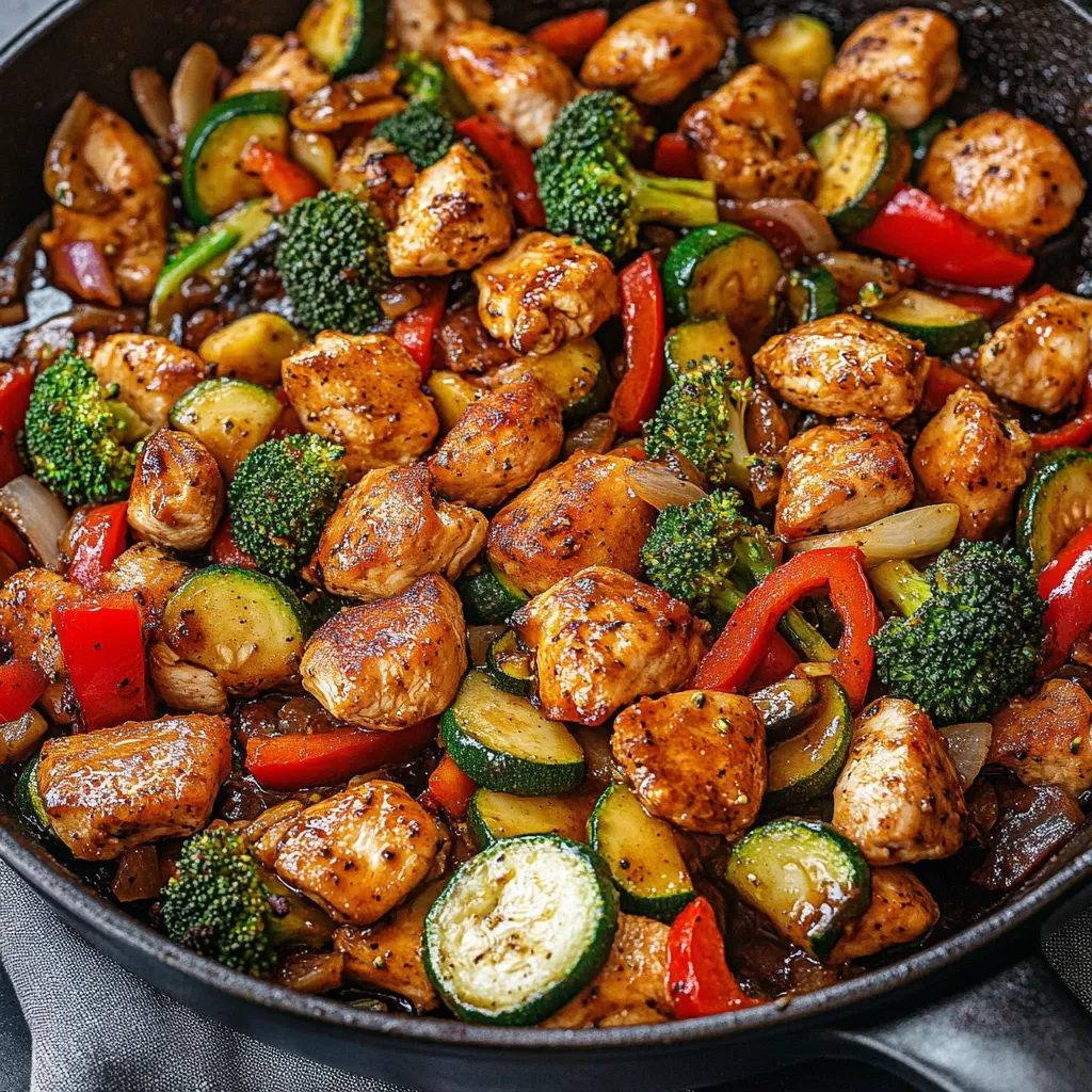 A skillet full of chicken and vegetables.