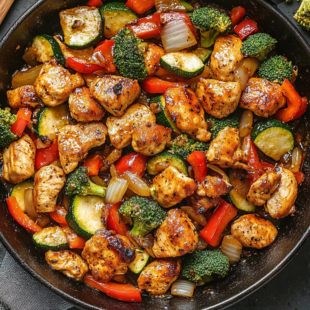A skillet filled with chicken and vegetables.