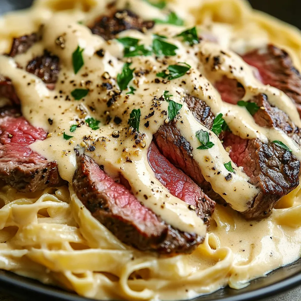 A dish of steak and pasta with a creamy sauce.