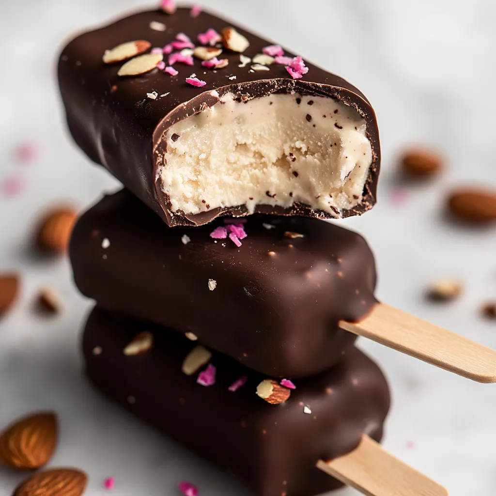 A stack of chocolate ice cream bars with almonds on top.