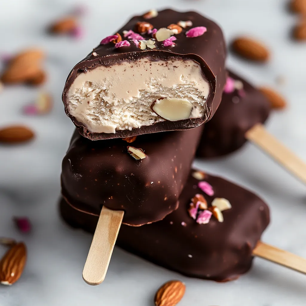 A close up of a chocolate ice cream bar with almonds on top.