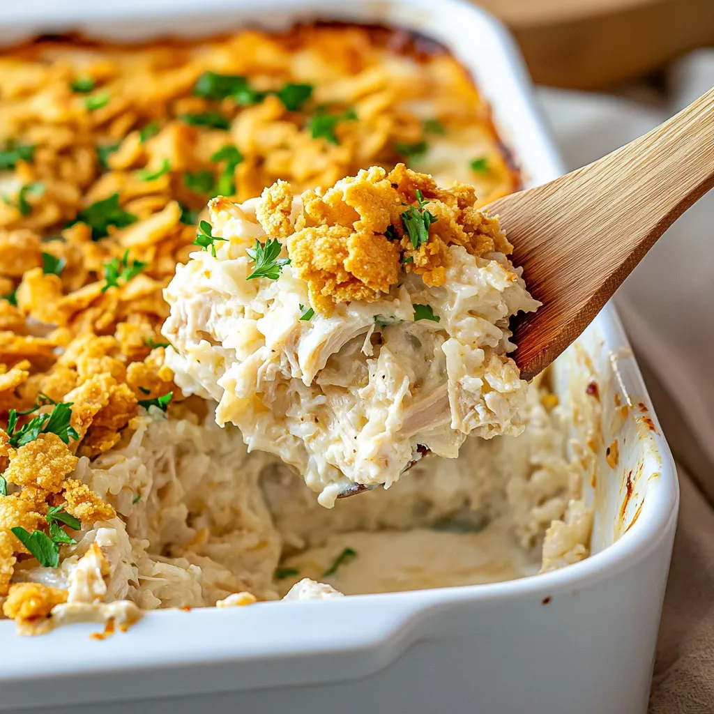 A wooden spoon is in a dish of chicken and potato salad.