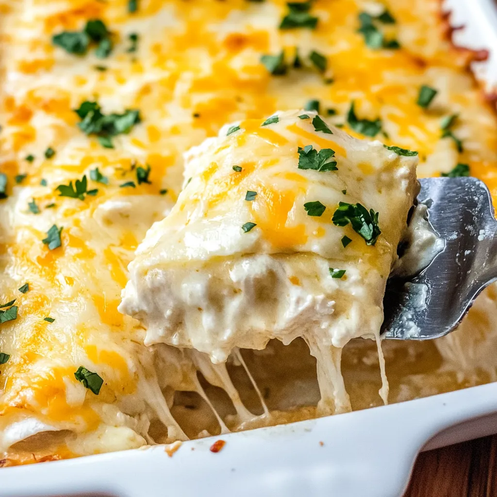 A white plate with a fork on it and a piece of food that looks like sour cream chicken enchiladas.
