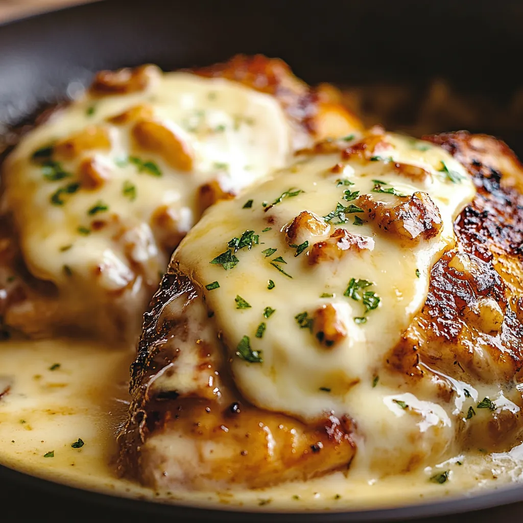 A dish of smothered chicken with cheese and herbs.