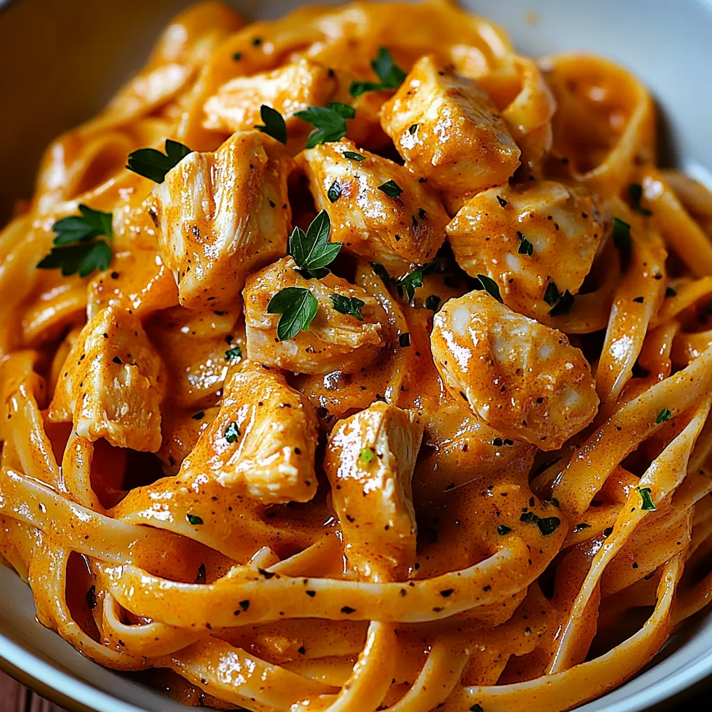 A bowl of pasta with chicken and sauce.