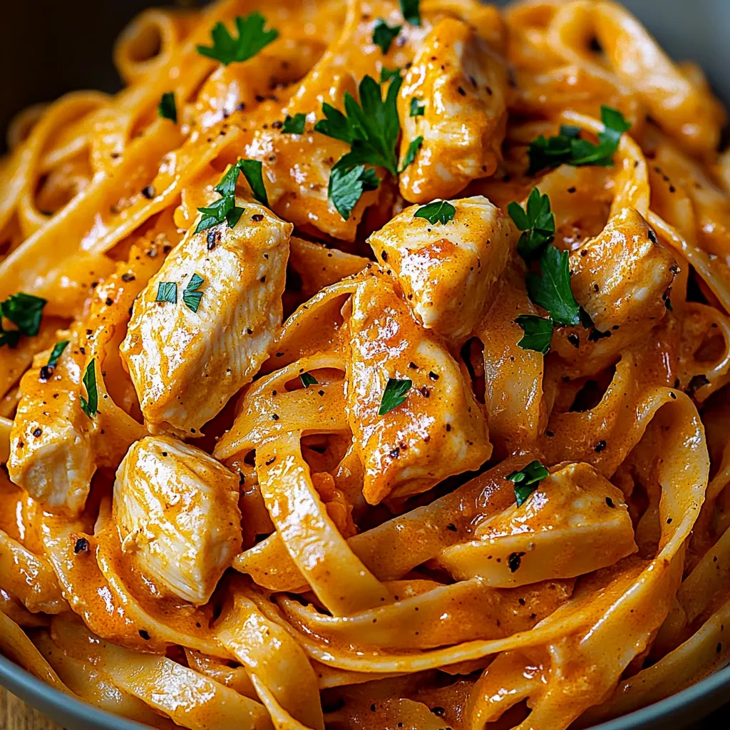 A bowl of pasta with chicken and herbs.