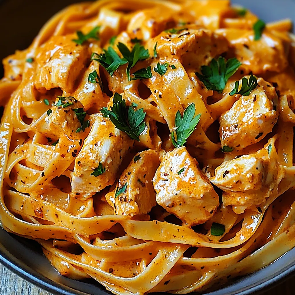 A bowl of pasta with chicken and herbs.