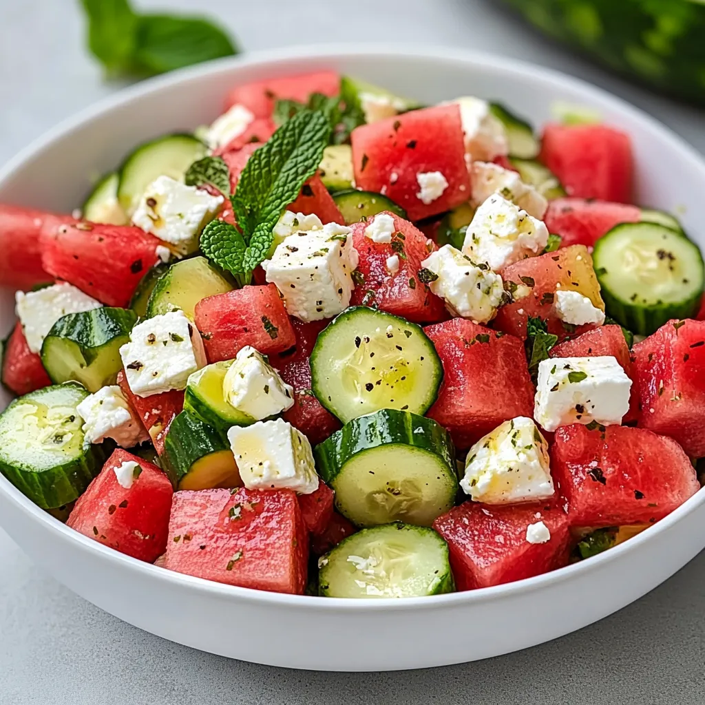 A white bowl filled with watermelon, cucumber, and feta cheese.
