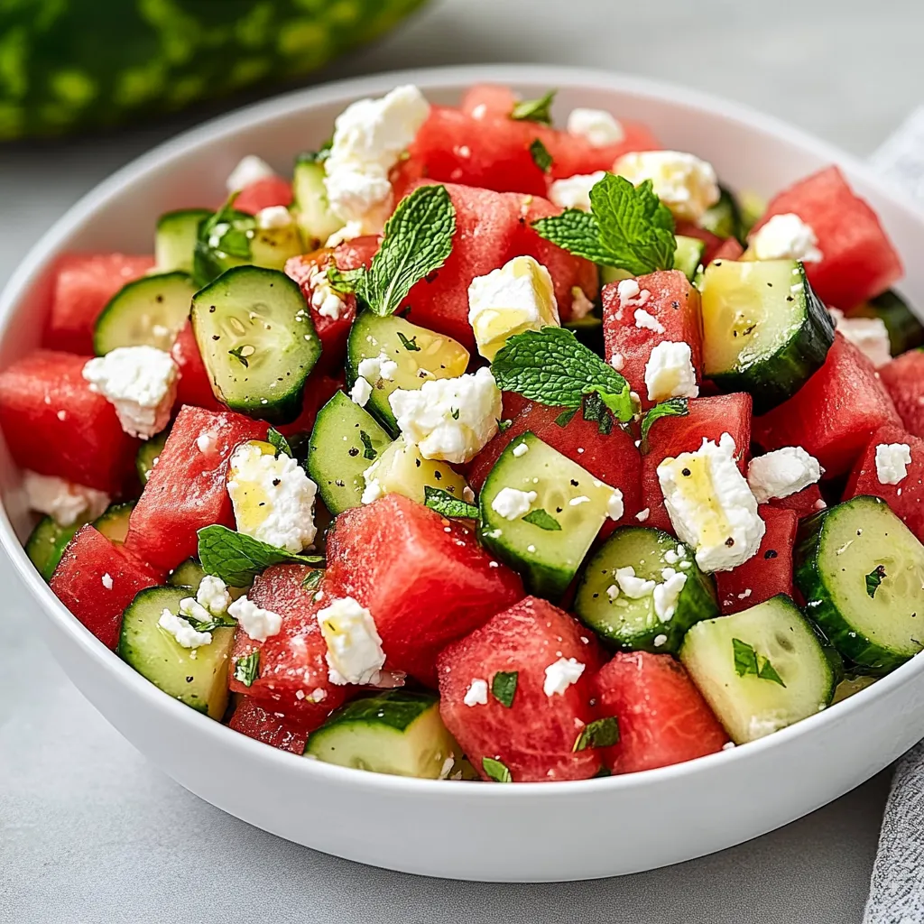 A bowl of watermelon salad with feta, mint, and cucumber.