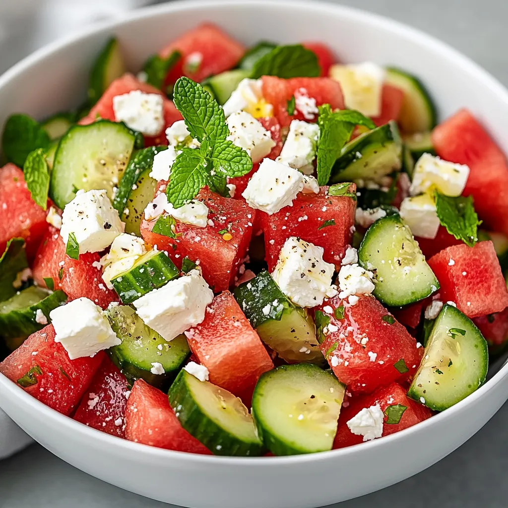 A bowl of watermelon salad with feta, mint, and cucumber.