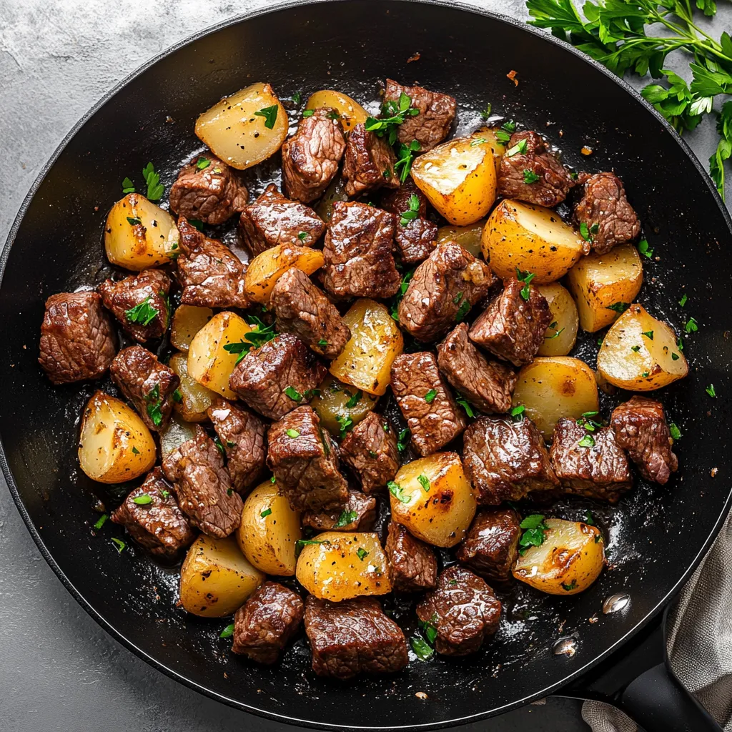 A pan of garlic butter steak bites and potatoes.