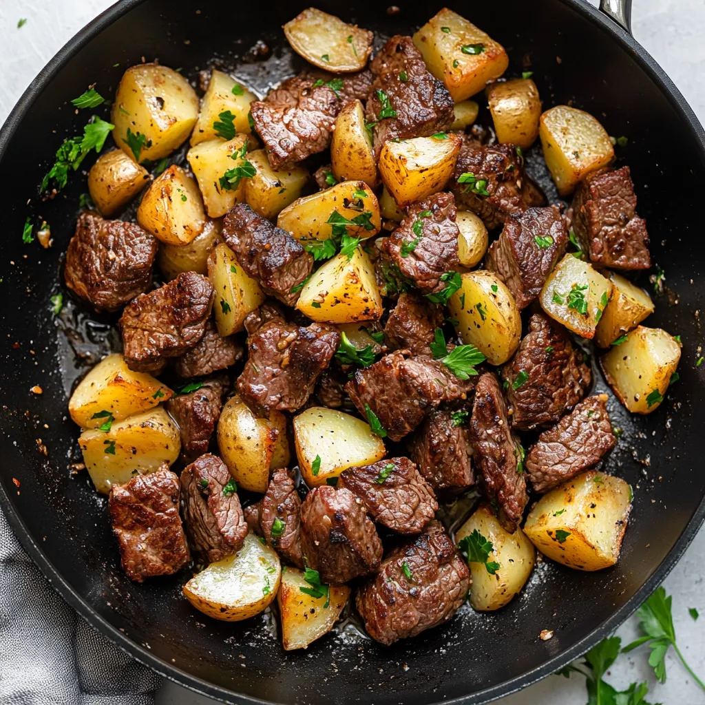 A plate of steak and potatoes with garlic butter.