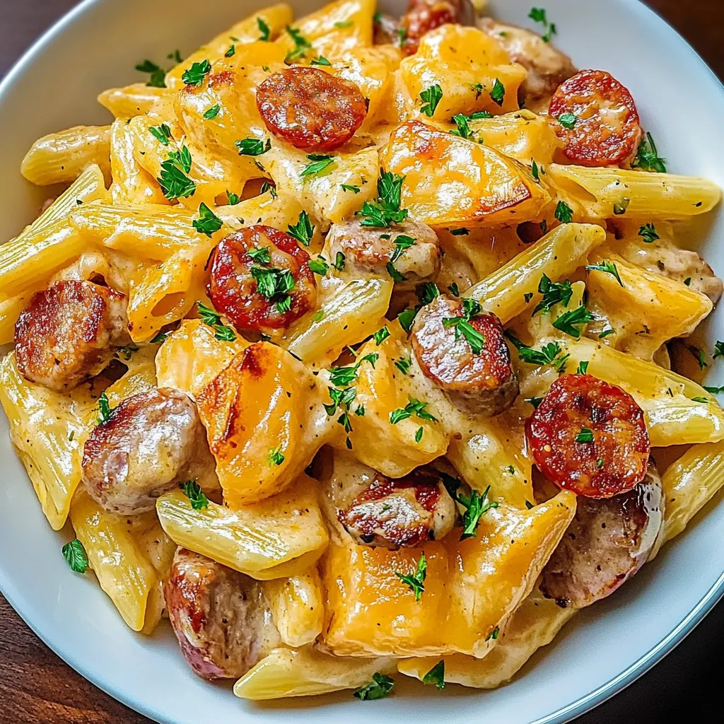A bowl of cheesy ranch potatoes and smoked sausage.