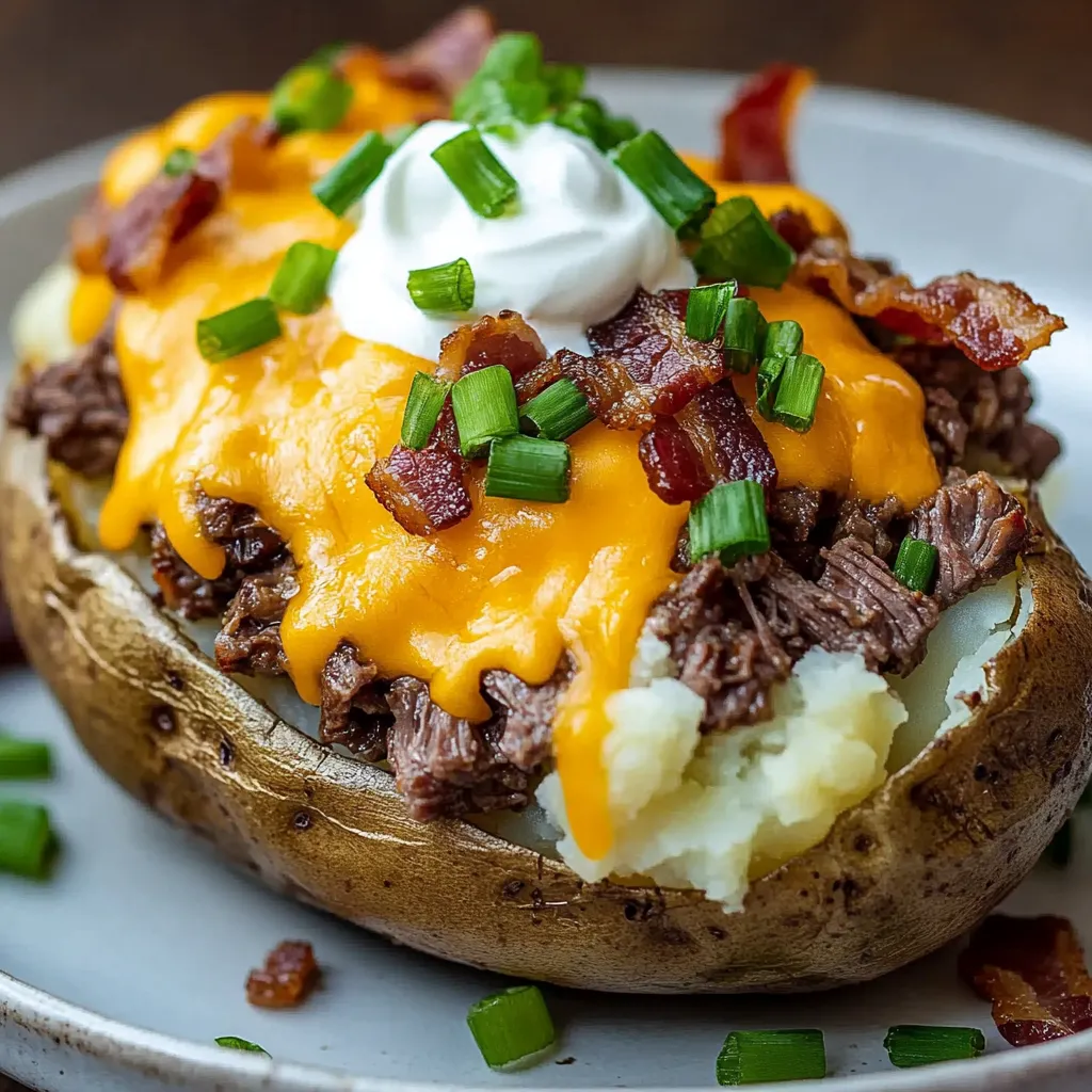 A loaded baked potato steak bite with cheese and bacon.
