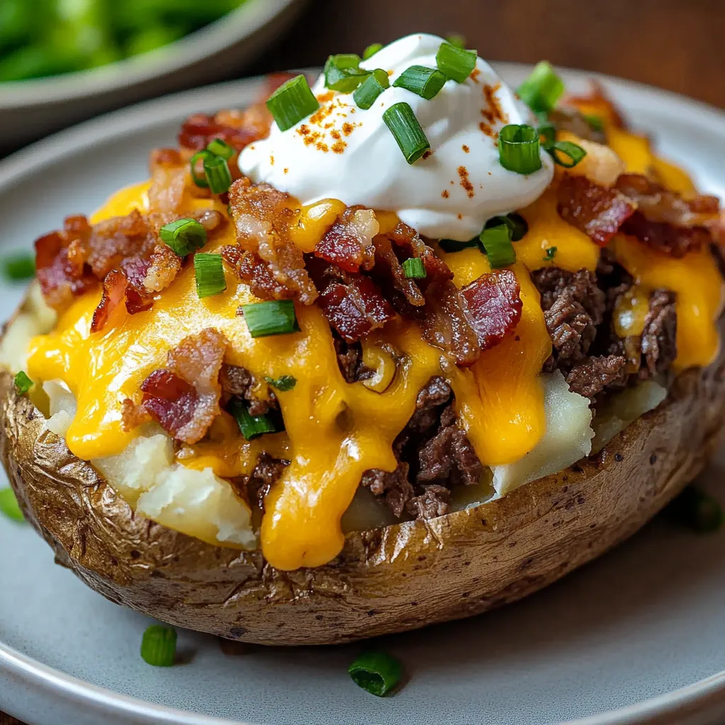 A loaded baked potato steak bite with cheese and bacon.