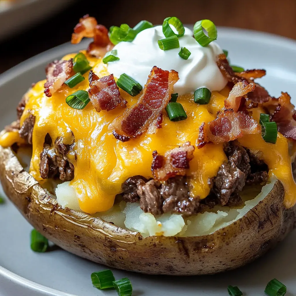 A loaded baked potato steak bite with bacon and sour cream.