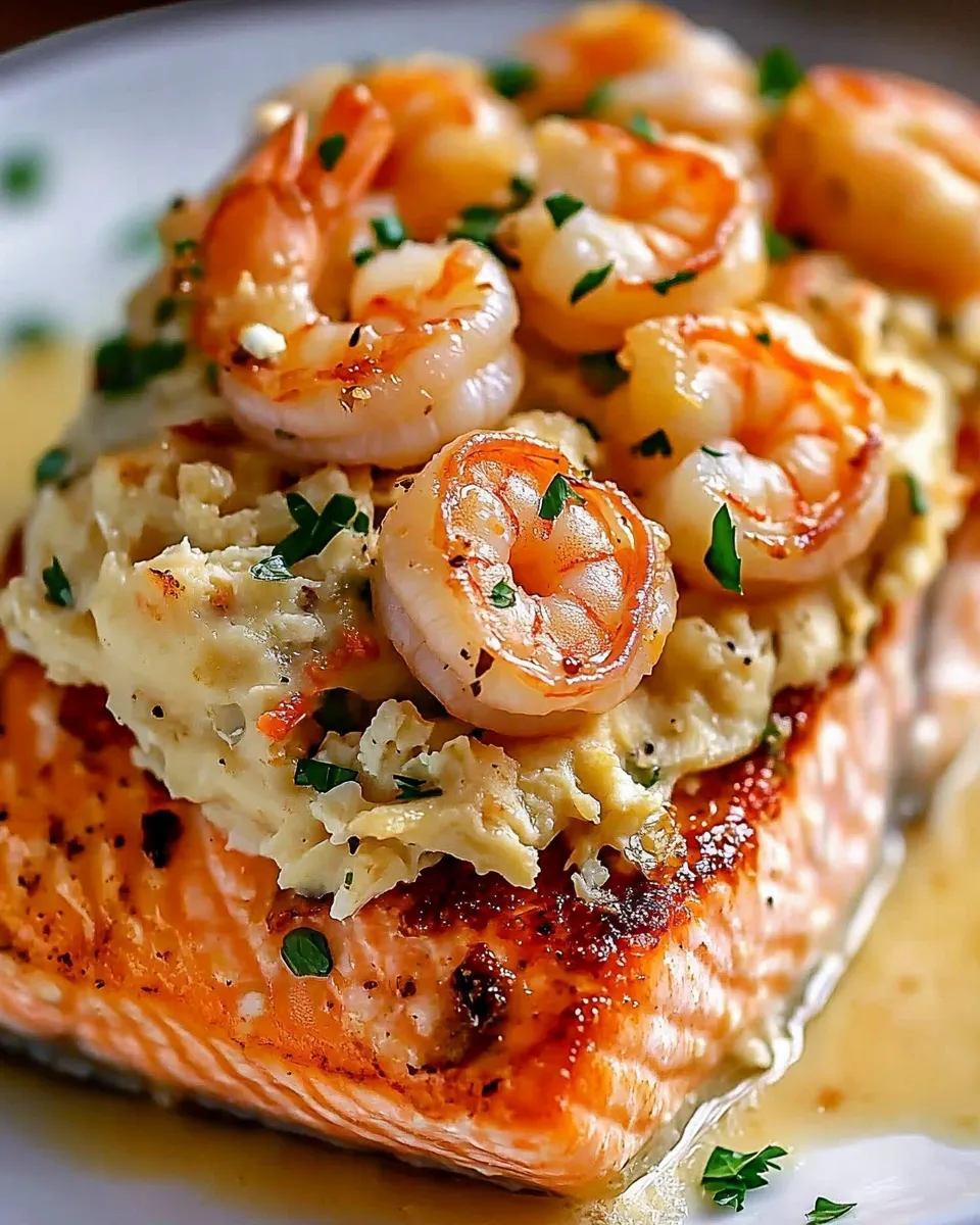 A piece of cooked salmon with crab and shrimp on top.