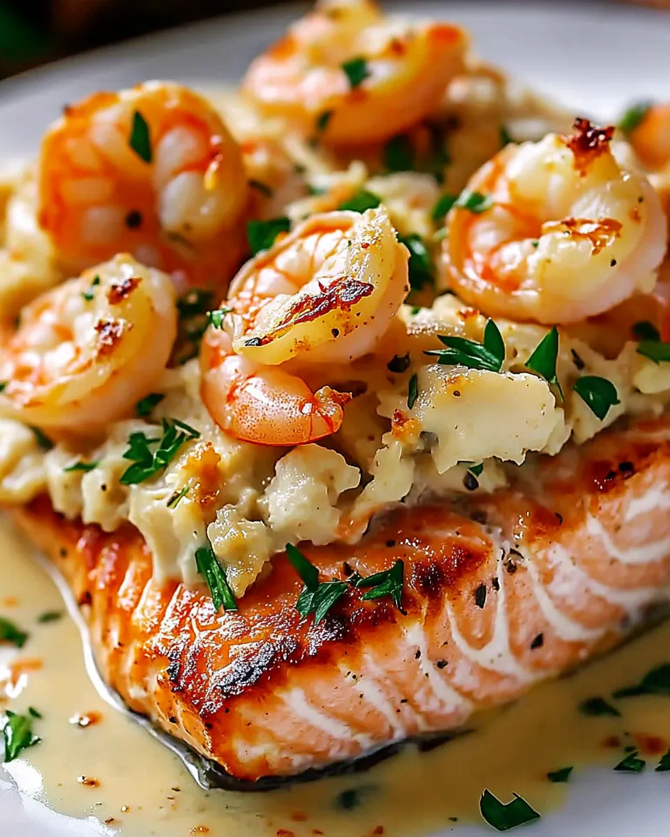 A piece of cooked salmon with crab and shrimp on top.