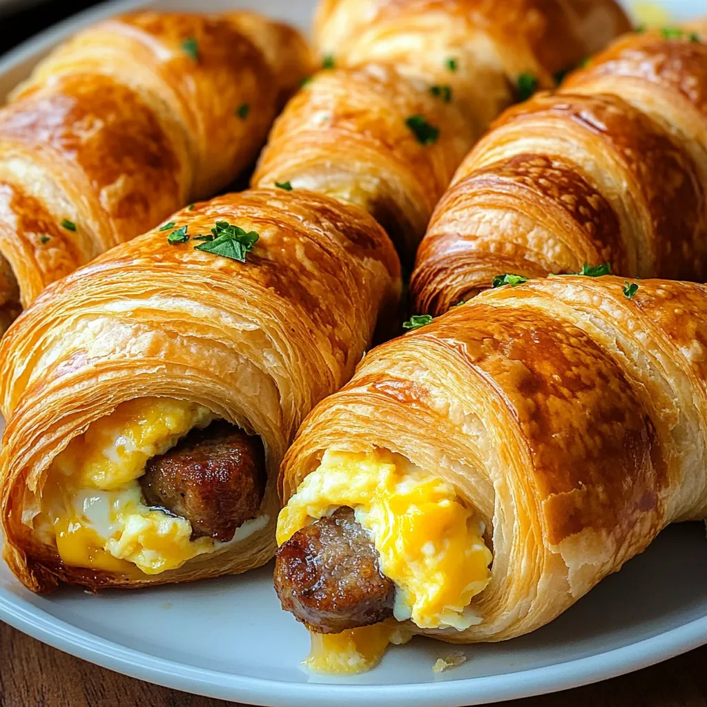 A plate of breakfast roll ups with eggs and sausage.