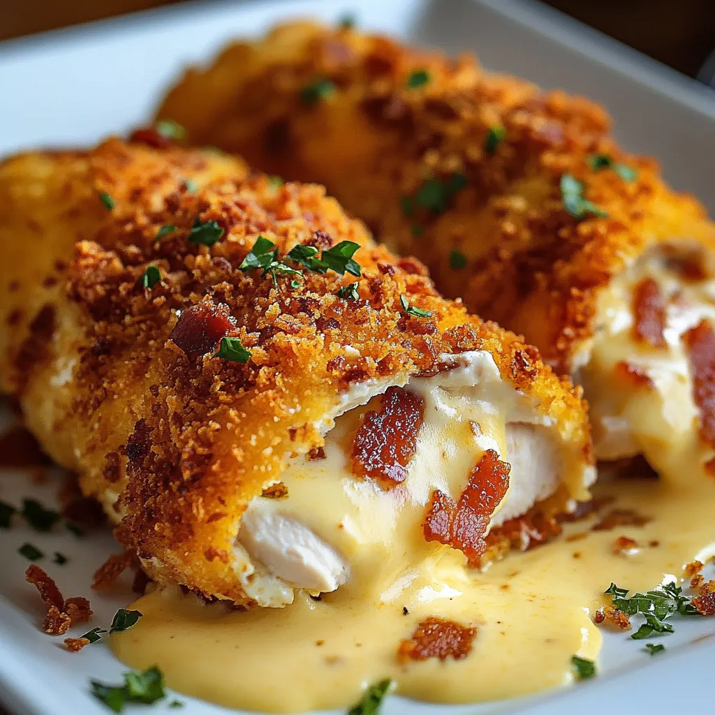 A plate of bacon and cheese stuffed chicken.
