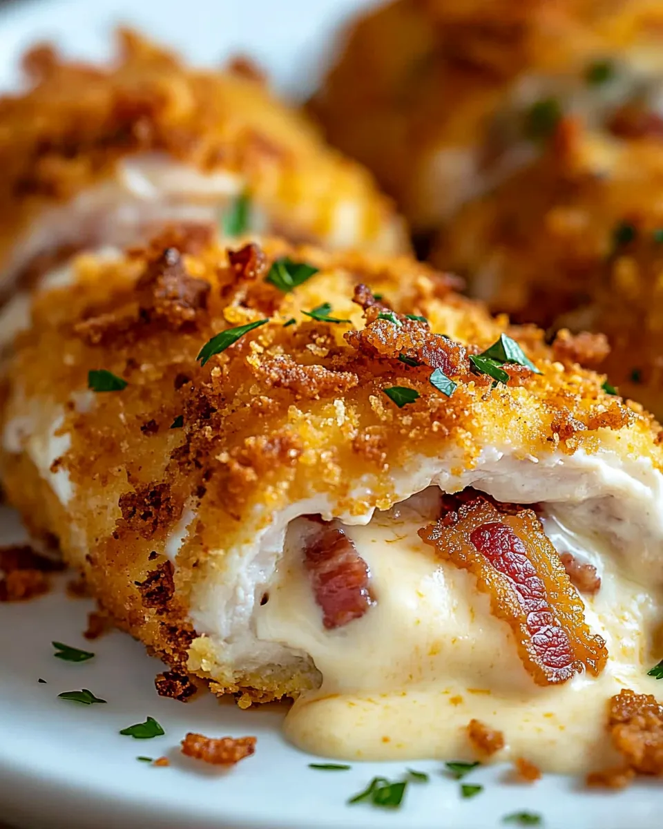 A plate of chicken with bacon and cream cheese.