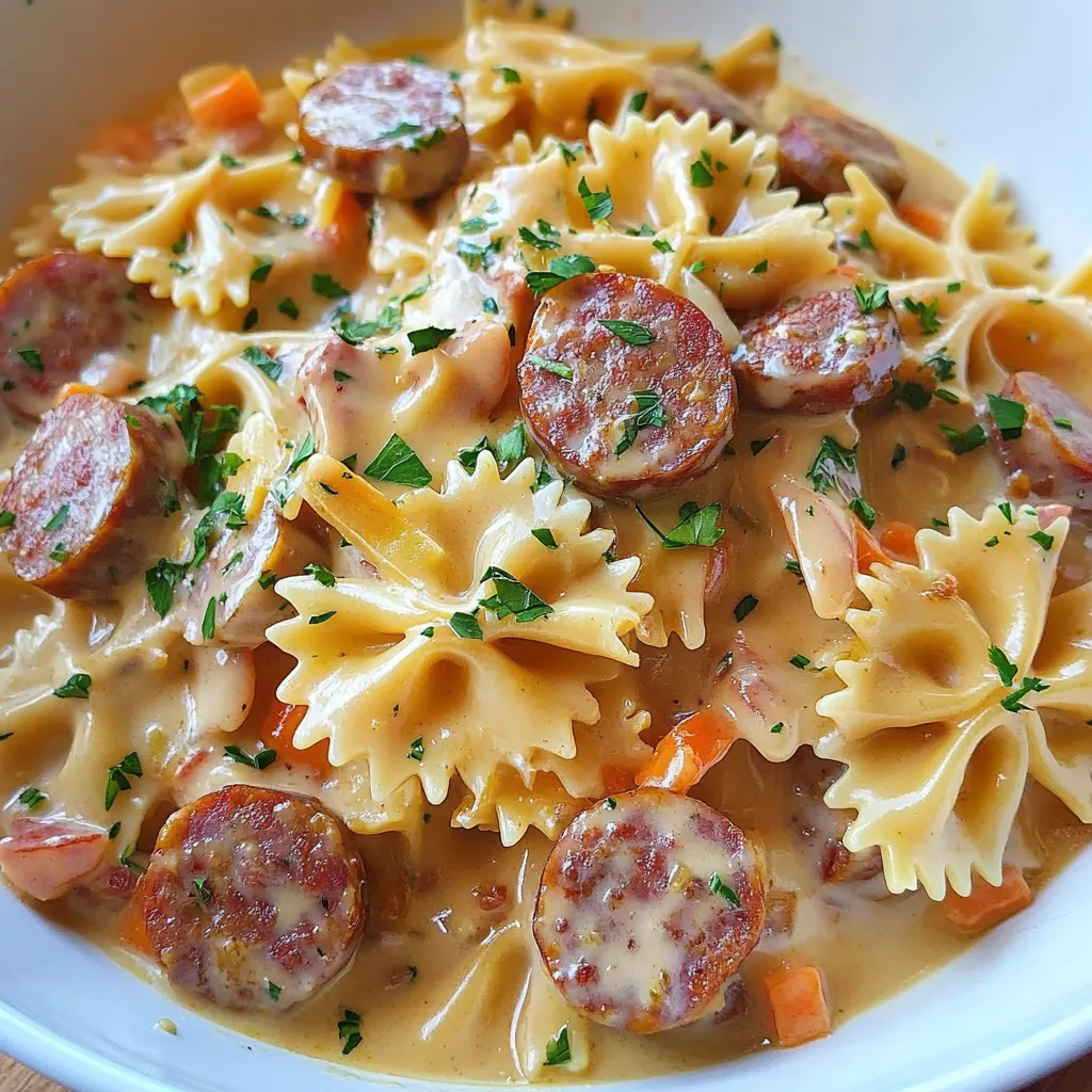 A bowl of pasta with sausage and cheese.